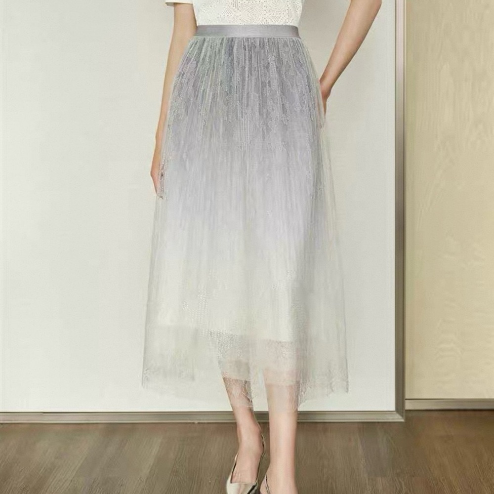 Silk Lightweight Gray Ombre Tulle Lace Layered A-Line Midi Skirt with Crystals